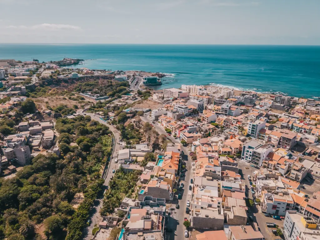 Aerial view of Praia and the Atlantic Ocean near Casa Jardim di Sol